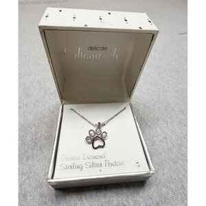 NIB Sterling Silver Diamond Dog Paw Pendant Necklace 18" Chain